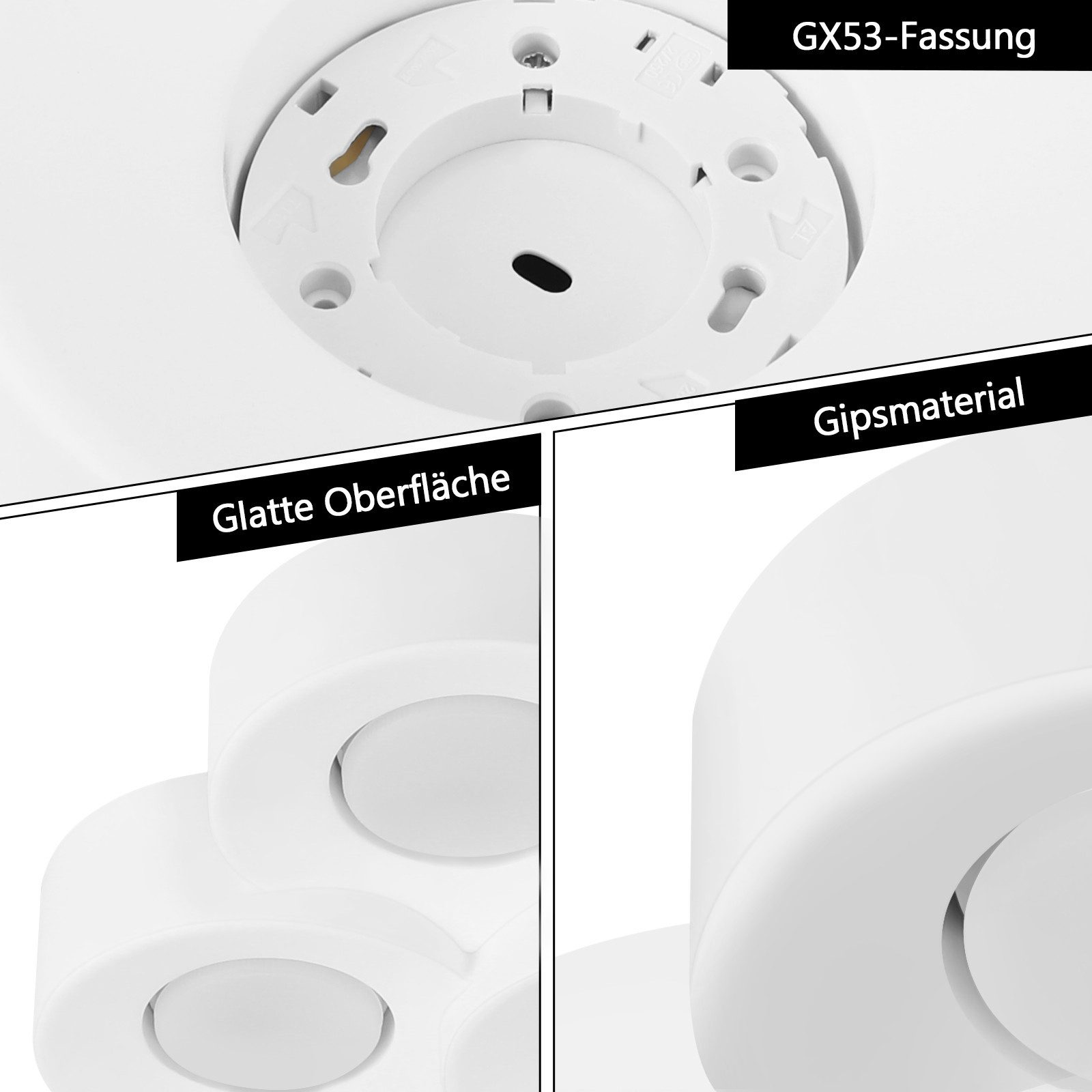 Un apparecchio di illuminazione a soffitto bianco con base rotonda, con etichette in tedesco. La luce è fatta di materiale bianco.