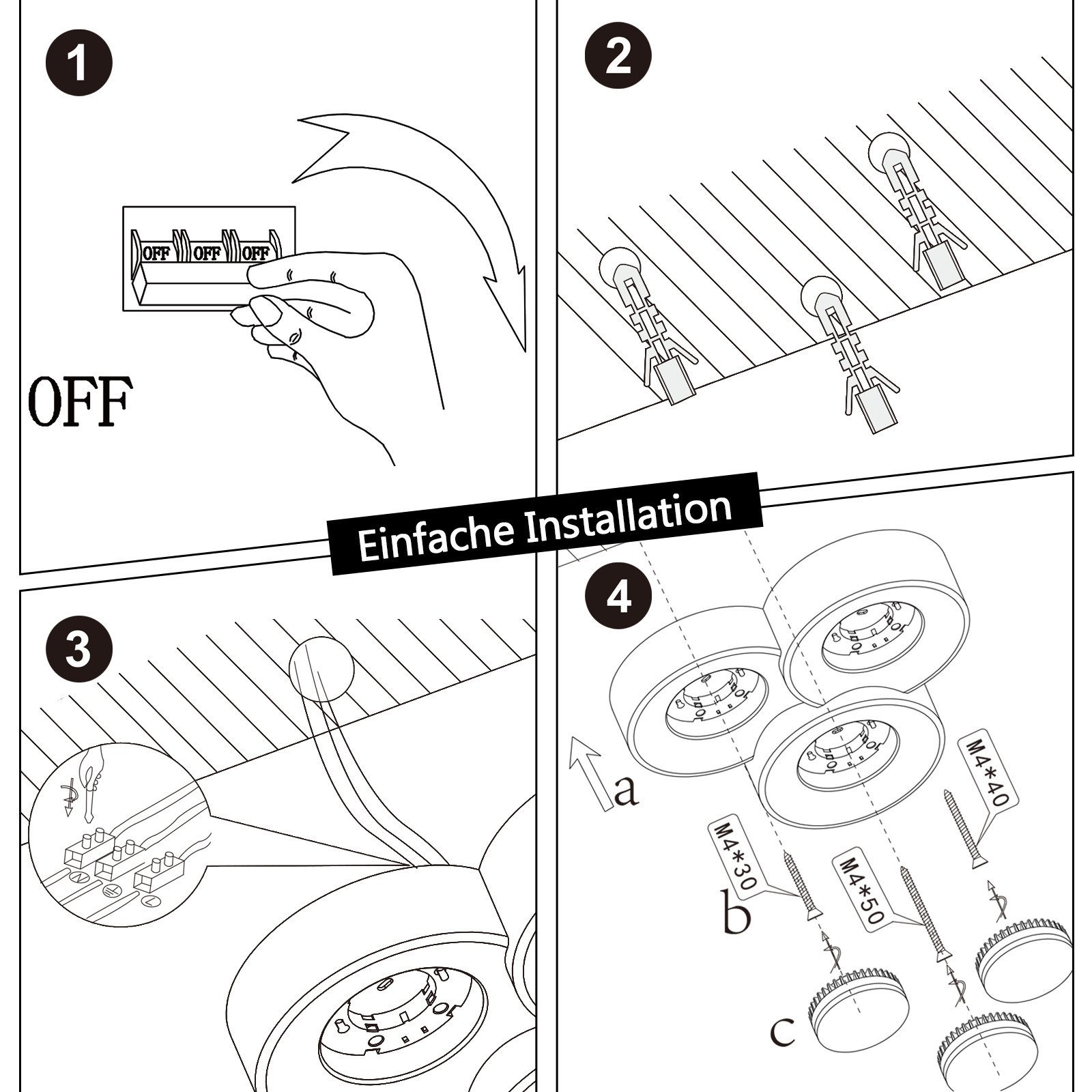 Diagramma passo-passo dell'installazione di un apparecchio per illuminazione a soffitto con diagrammi ed etichette.