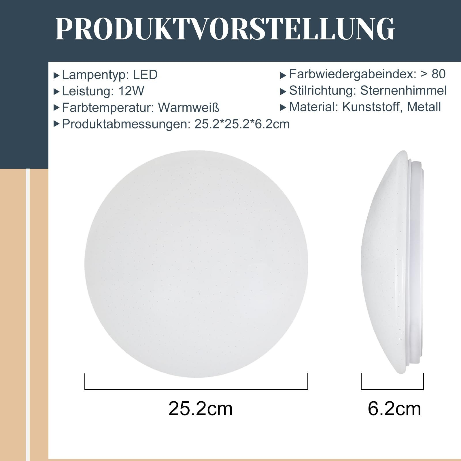 Diagramma del prodotto di una plafoniera a LED rotonda. Include specifiche: LED, 12W, bianco caldo, 25,2 cm diametro, 6,2 cm altezza.
