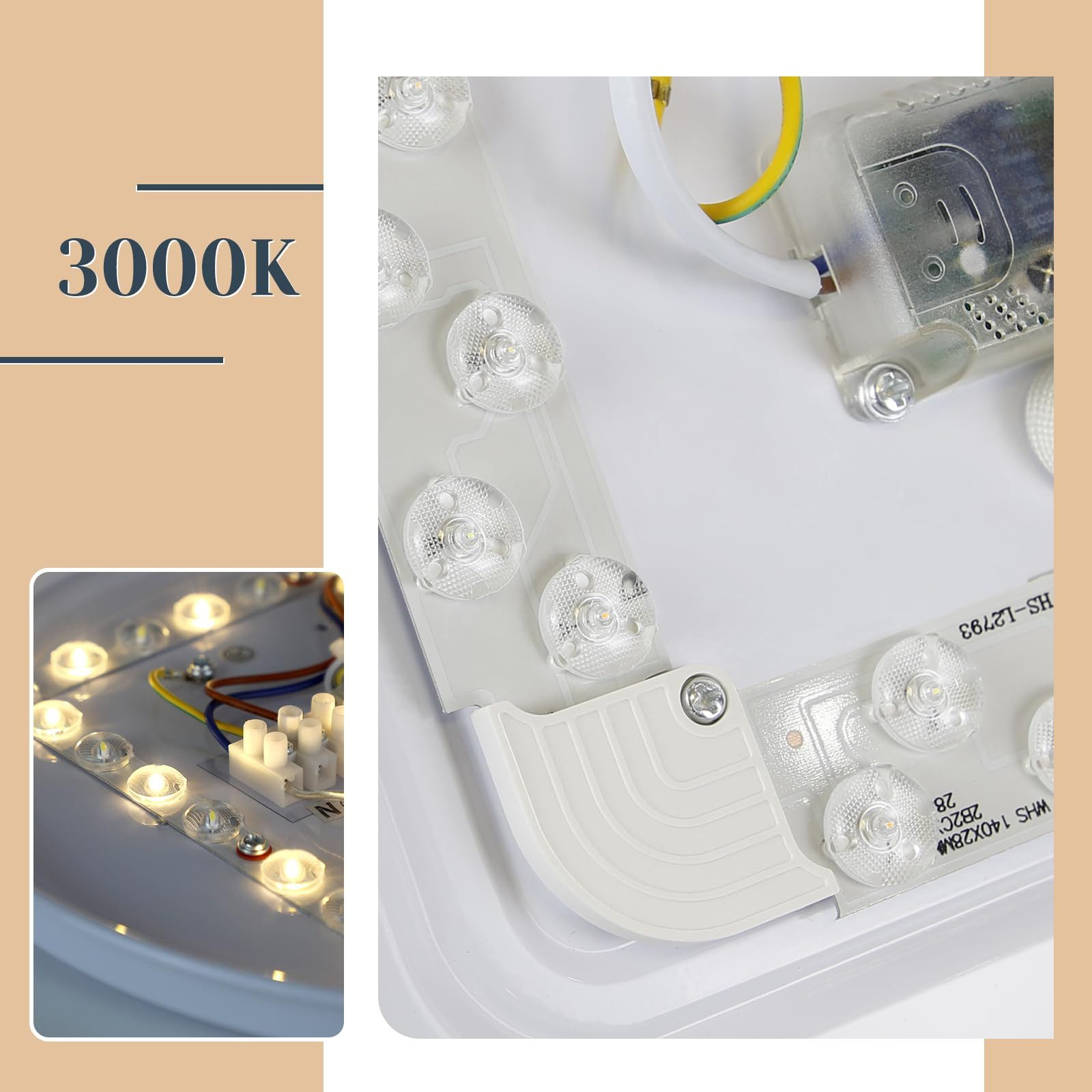 Primo piano di un'apparecchio a LED, che mostra la luce a 3000K e i componenti interni.