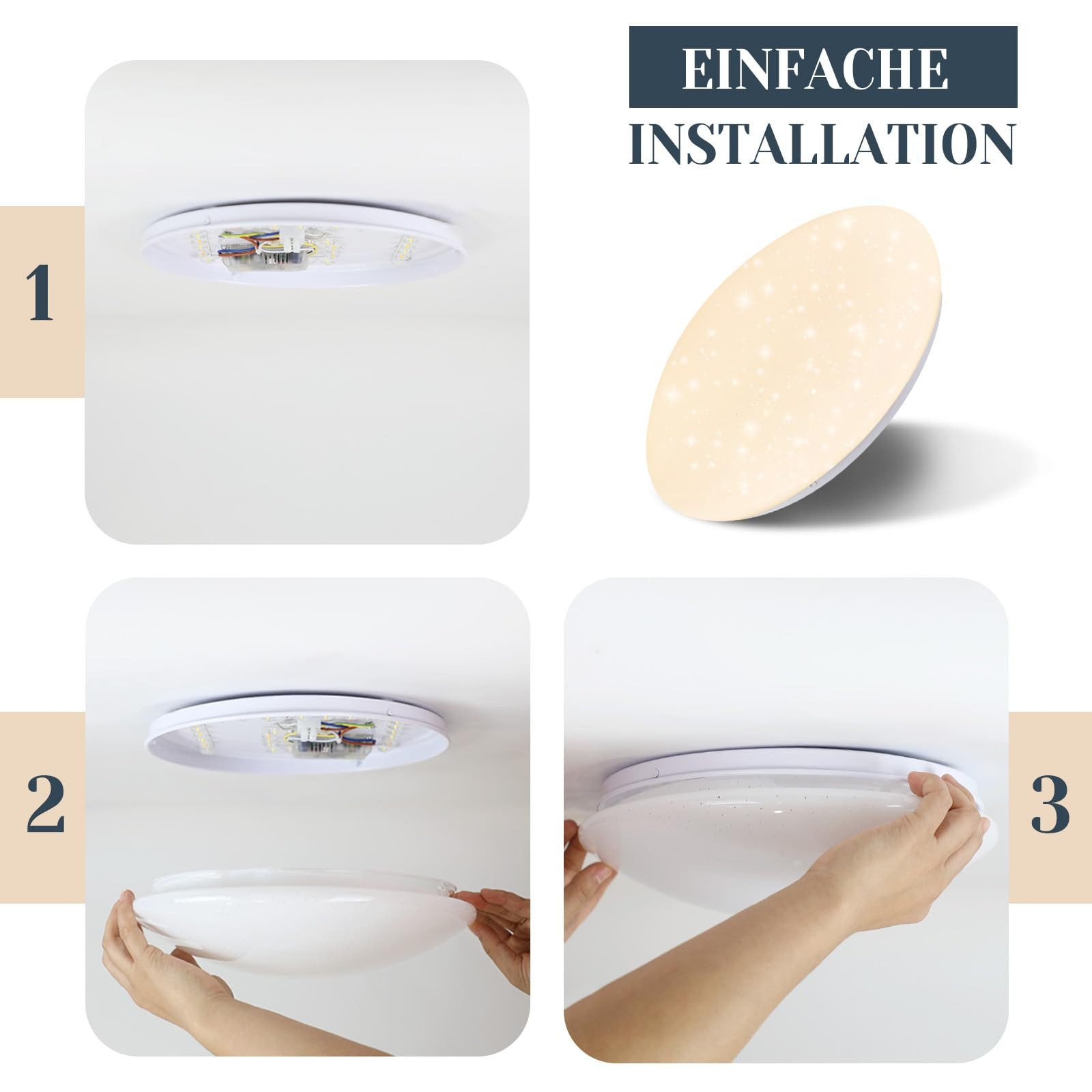 Fasi di installazione di una lampada da soffitto bianca, che mostra il fissaggio al soffitto.