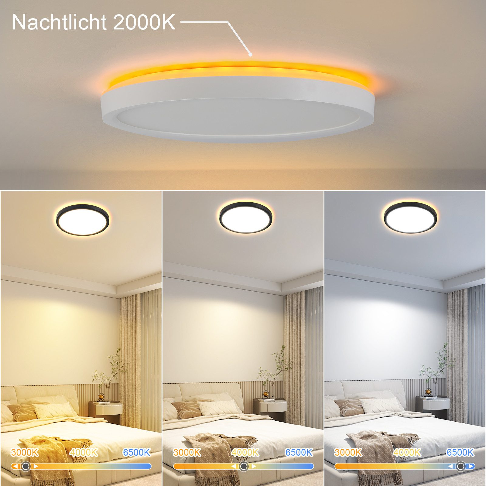 Drei Bilder einer Deckenleuchte mit unterschiedlichen Farbtemperaturen über einem Schlafzimmer.