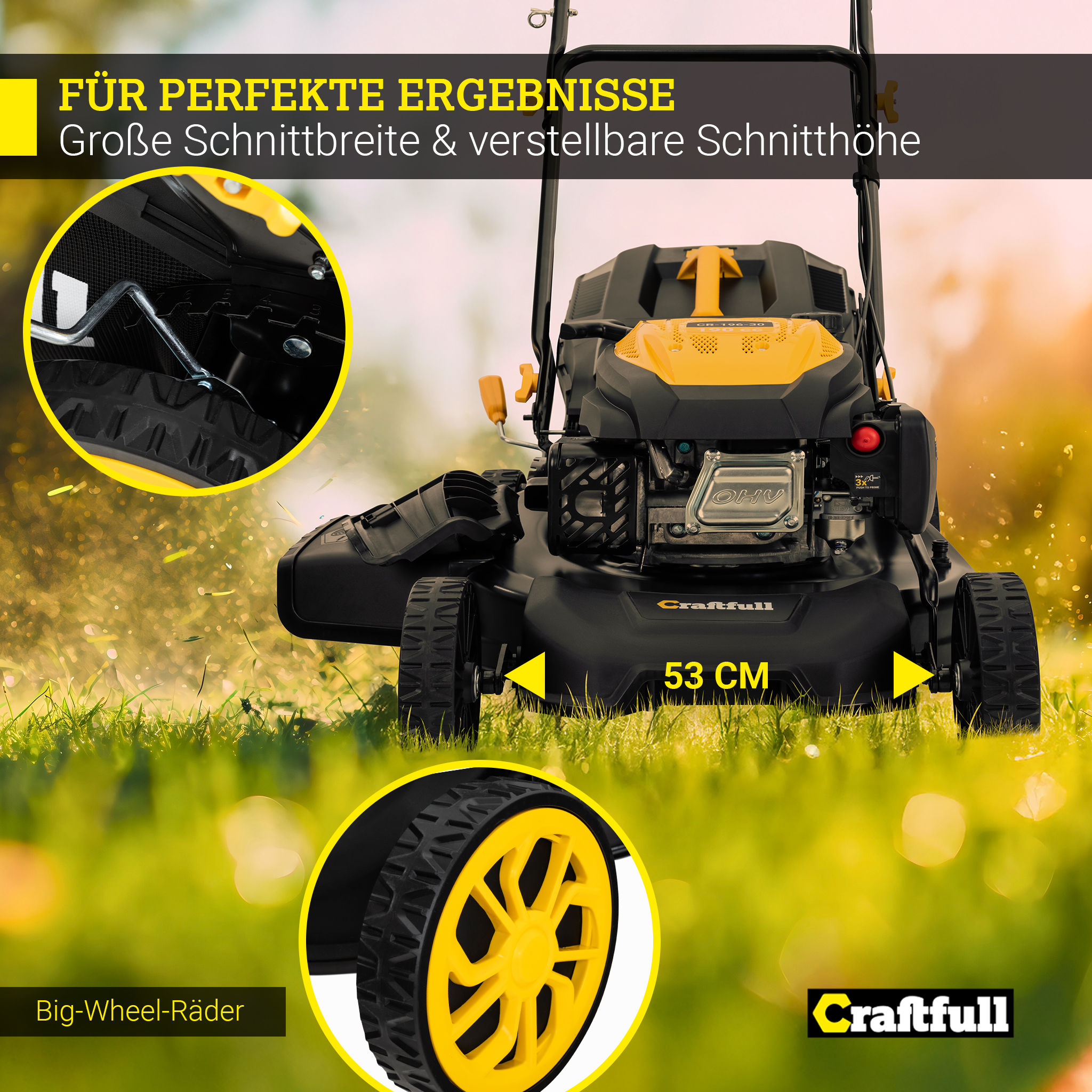 Rasenmäher mit großen gelben Rädern und Text: '53 CM', auf grünem Gras. Text: 'Big-Wheel-Räder'.