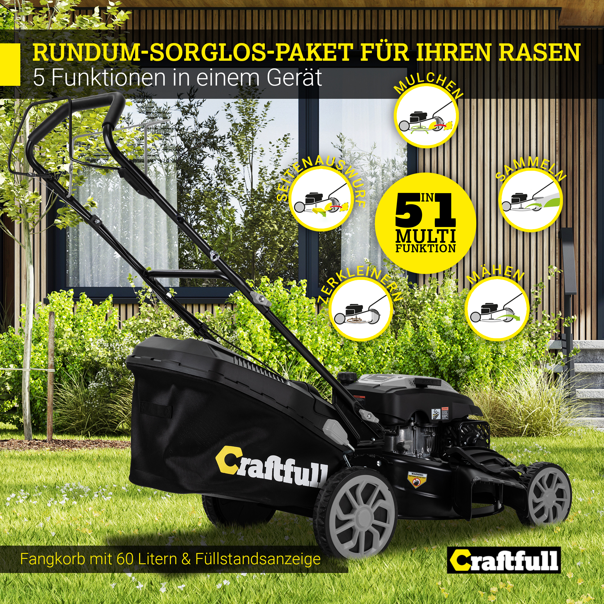 Schwarzer Rasenmäher auf Gras mit Text, der 5 Funktionen anzeigt. Text: "Craftfull" und "Fangkorb mit...".