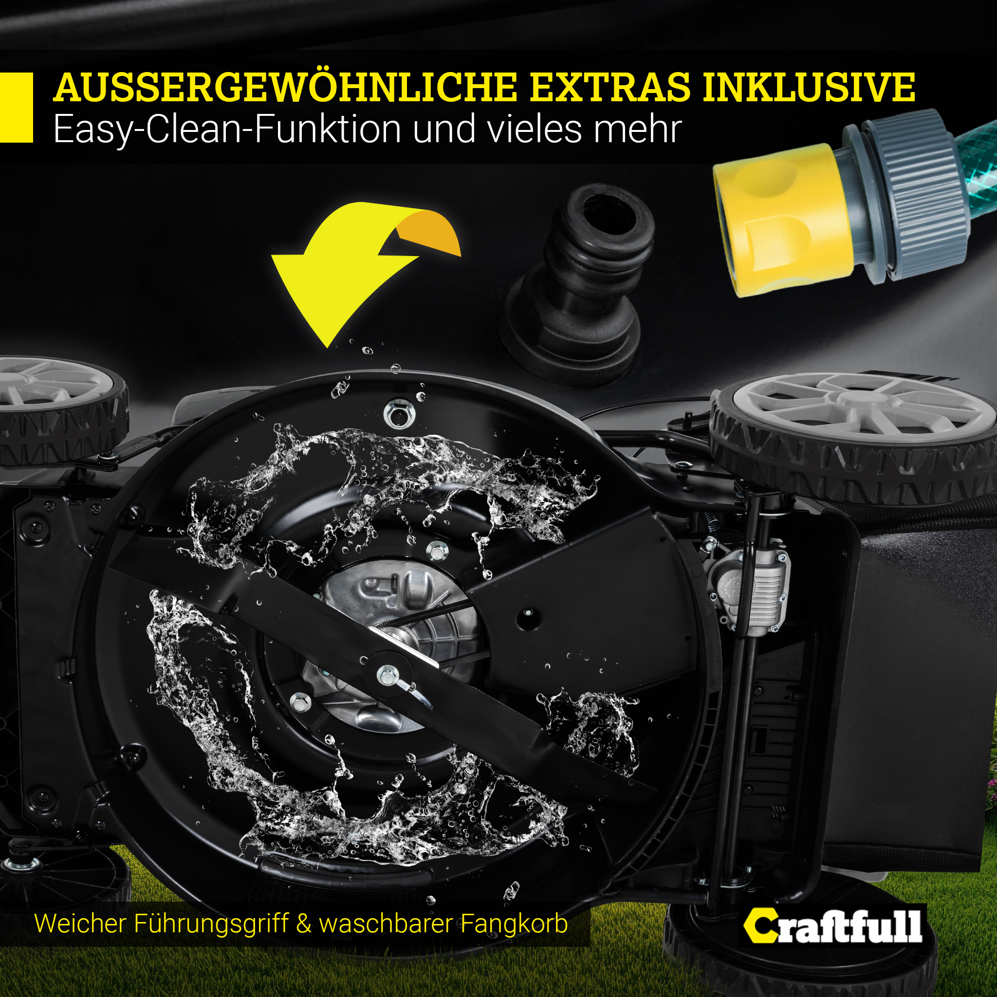 Schwarzer Rasenmäher mit Wasserspray und gelbem Schlauchanschluss. Das Wort Craftfull ist sichtbar.
