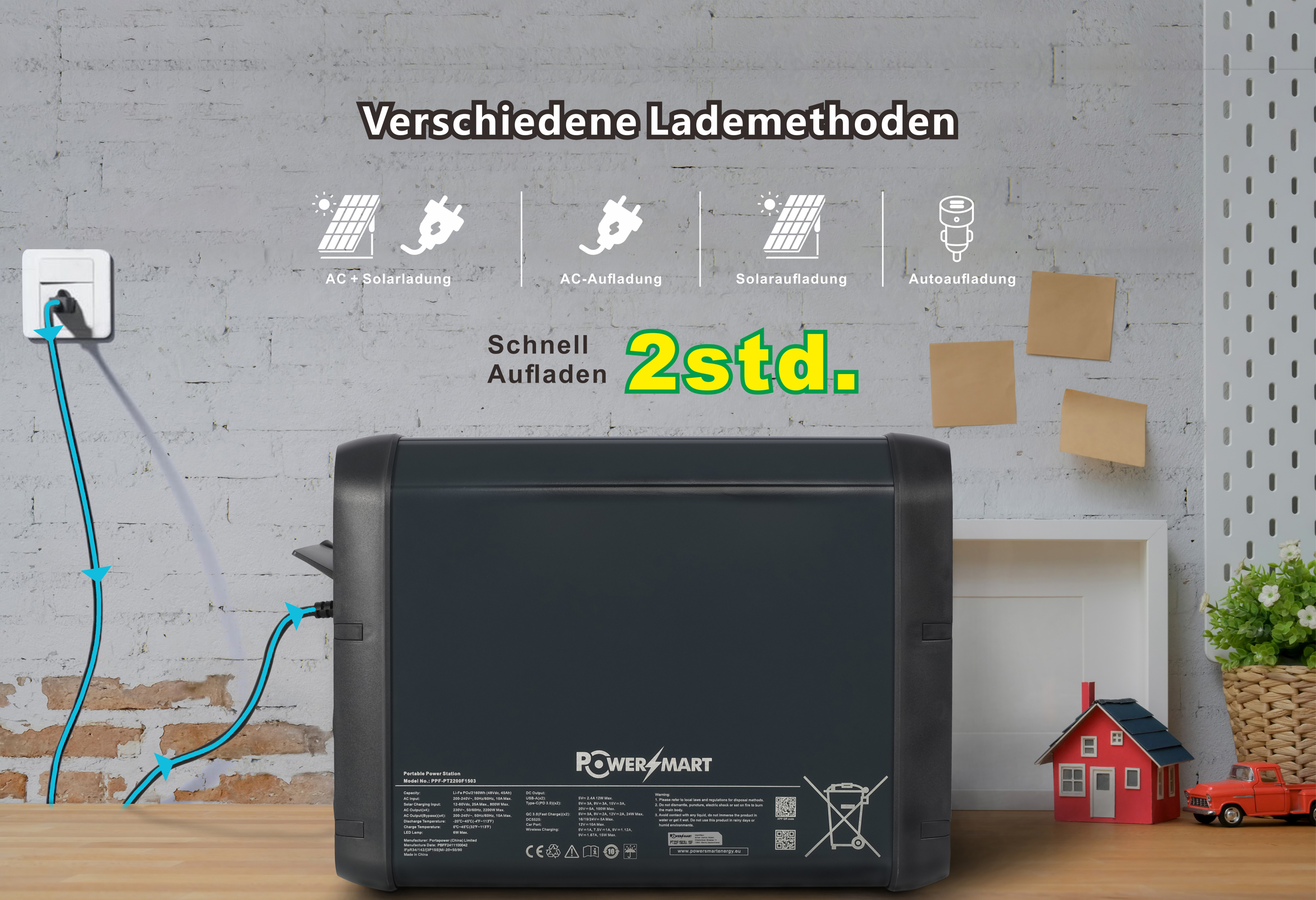 Ein Kraftwerk mit eingesteckten Kabeln. Text und Diagramme zum Laden. Holztisch.