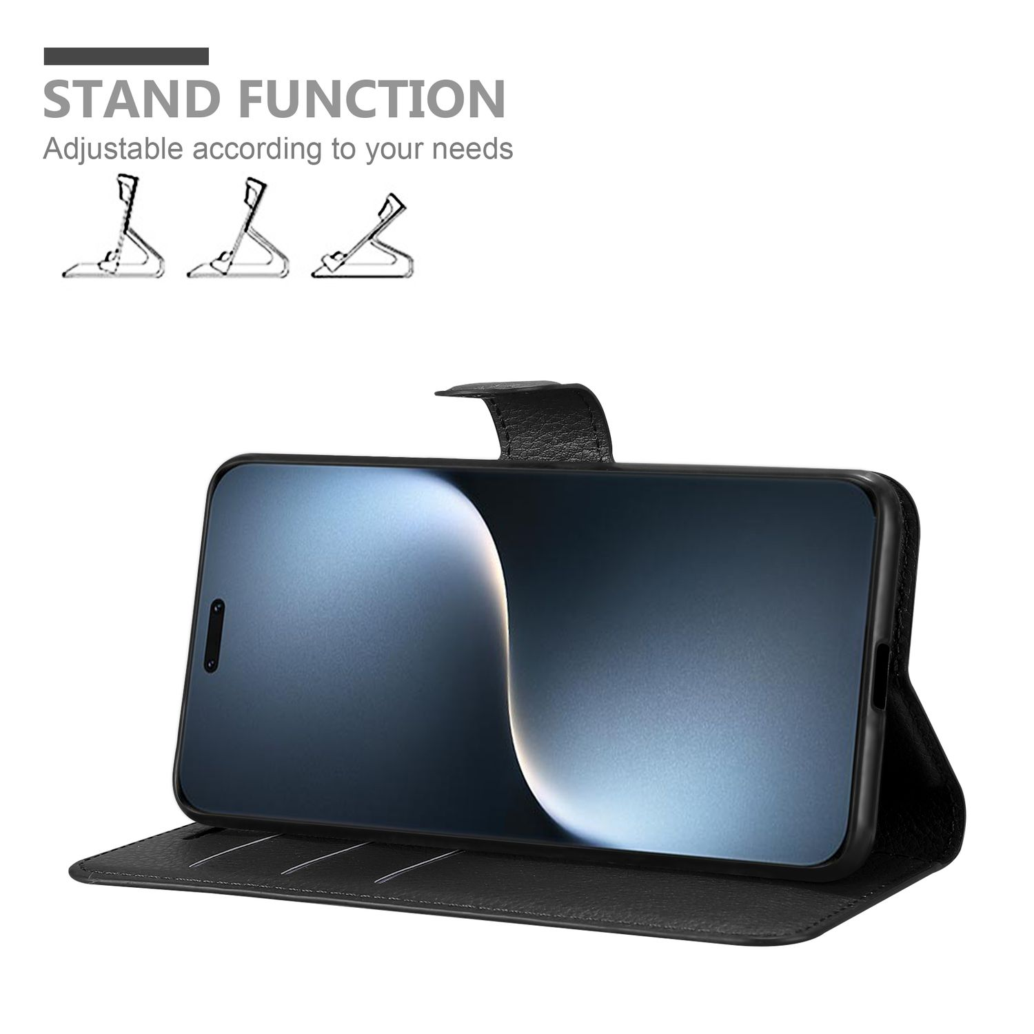 Schwarze Handyhülle mit offenem, schwarzem Telefon. Text: Standfunktion, an Ihre Bedürfnisse anpassbar.