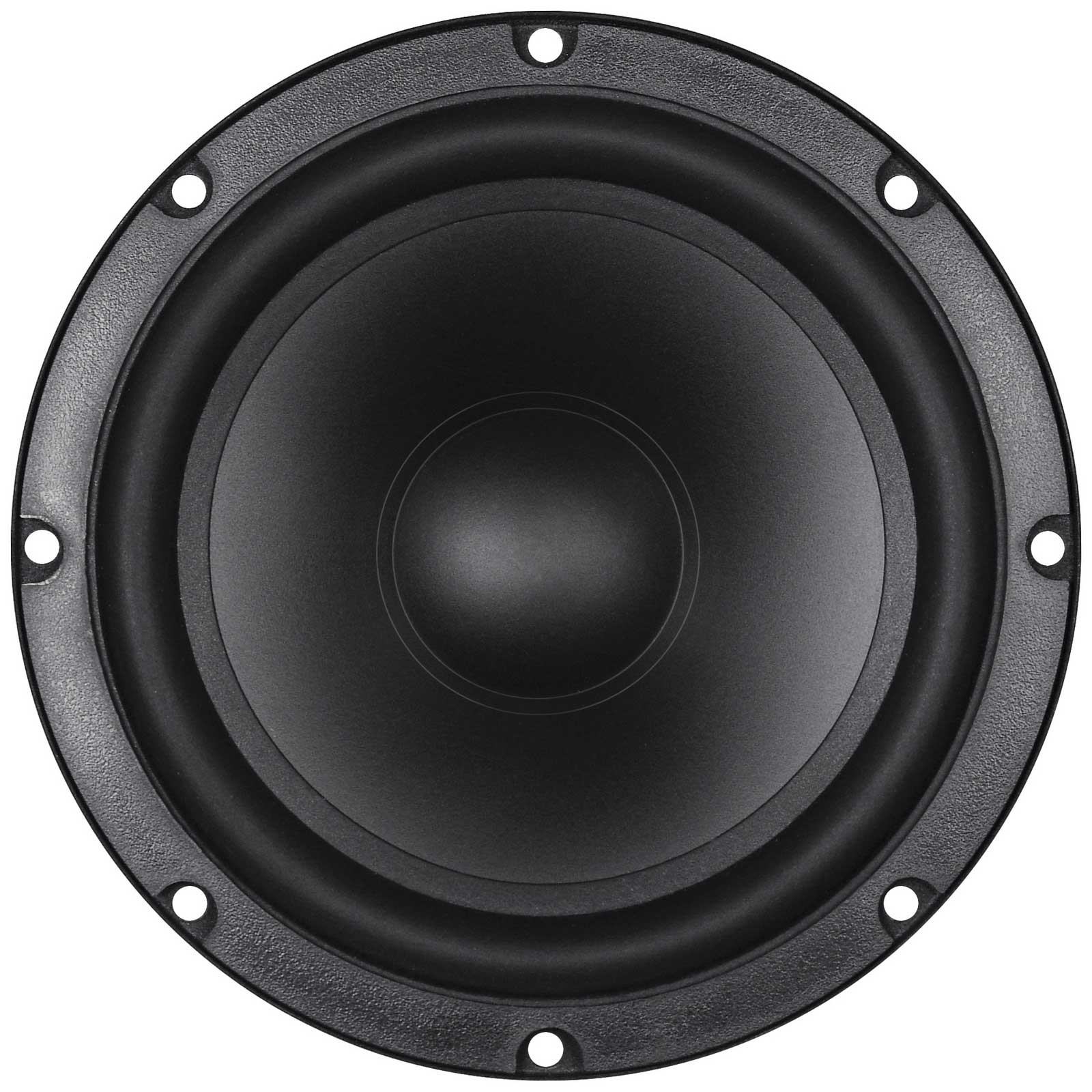 Schwarzer Subwoofer-Lautsprecher mit zentralem Konus und umliegenden Befestigungslöchern.