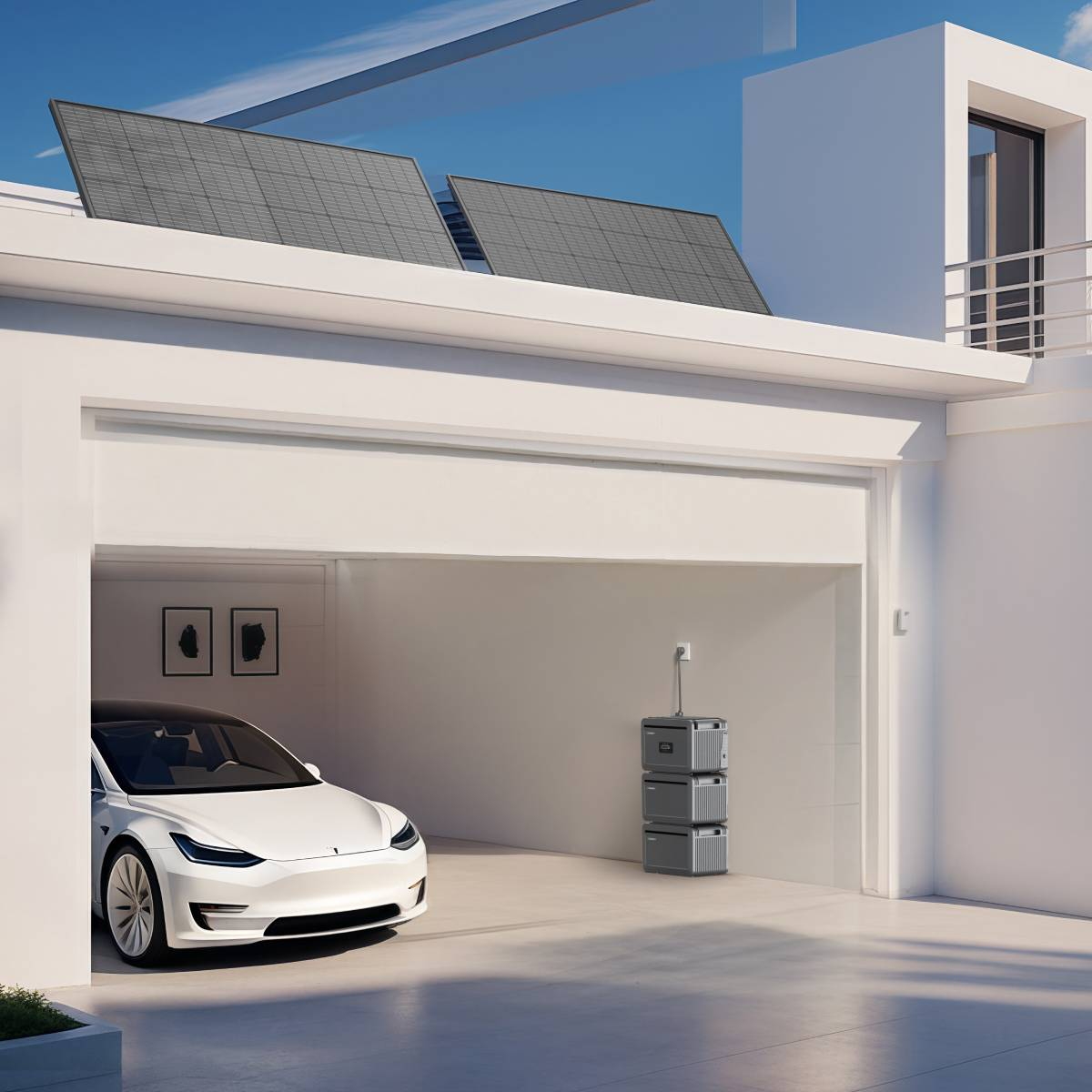 Weißes Haus mit Sonnenkollektoren, Garage mit Auto und Ladestation.