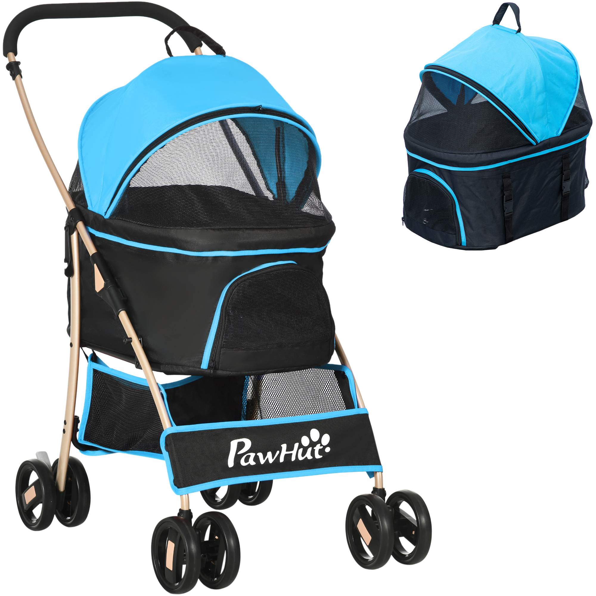 Un passeggino blu e nero per animali domestici con tettuccio blu e finestre a rete nere, con trasportino staccabile.