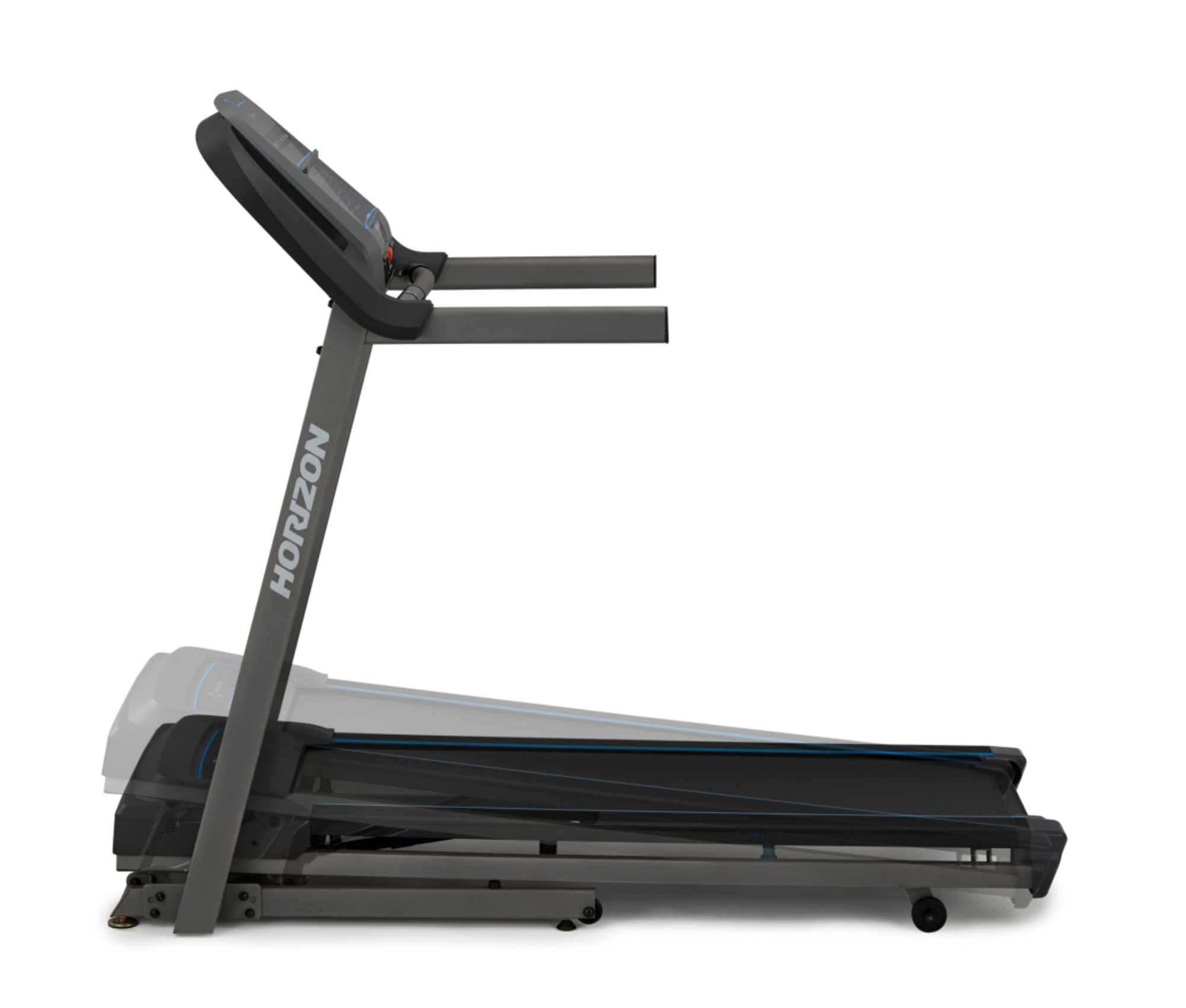 Bieżnia w białym pomieszczeniu, z szarą ramą i czarnym pasem do biegania.