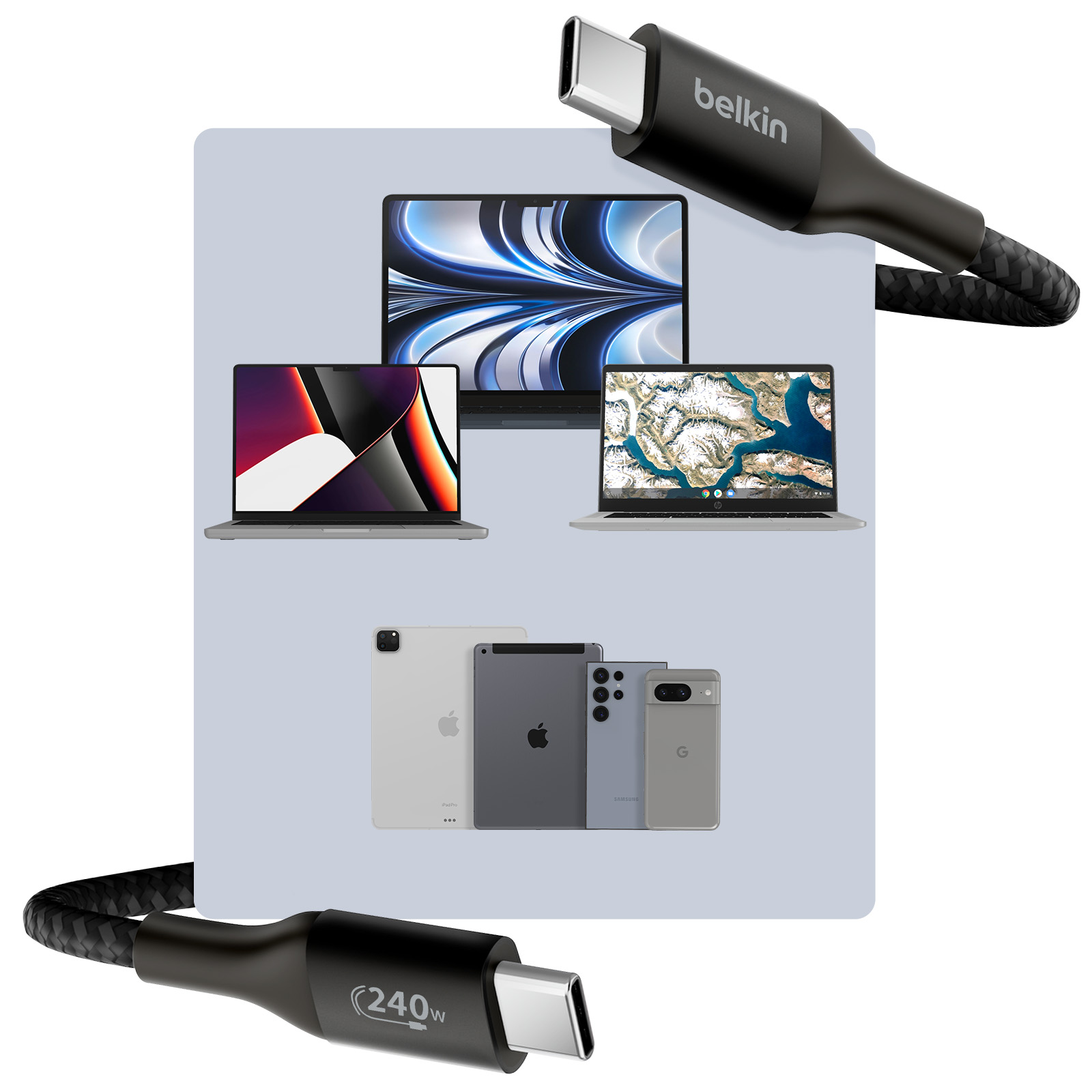 Più laptop e tablet con un cavo USB-C intrecciato Belkin.