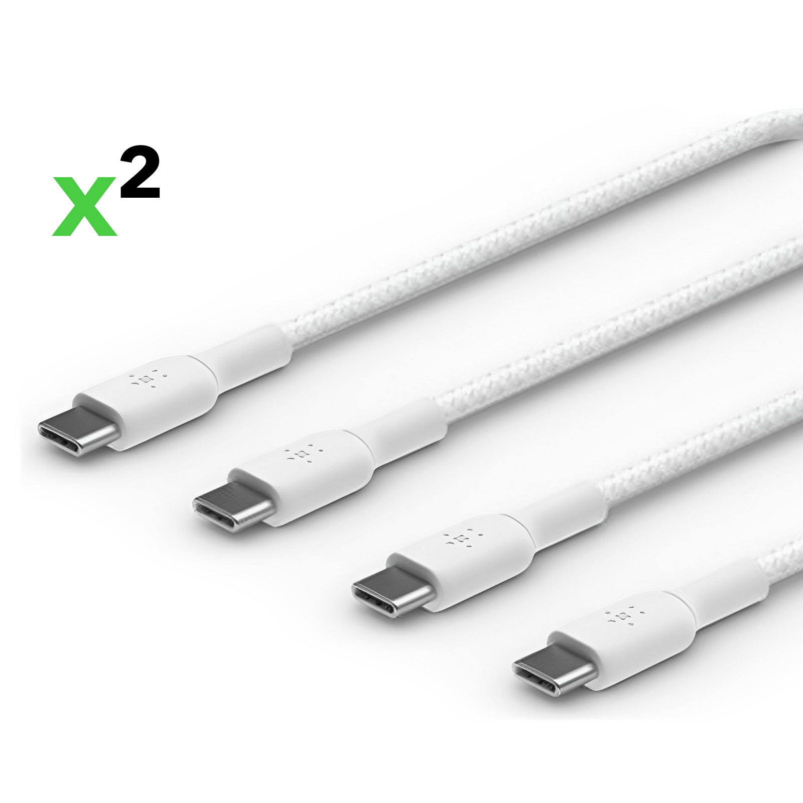 Quatre câbles USB-C blancs, inclinés, étiquetés 'x2'. Fond blanc.