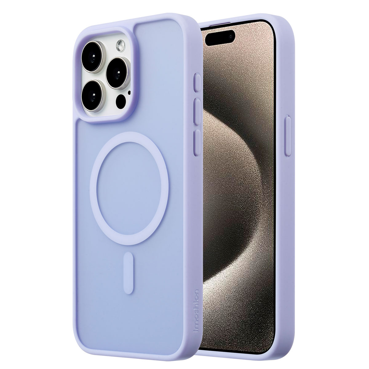 Coque de téléphone lilas avec un cercle blanc et une configuration de caméra noire.