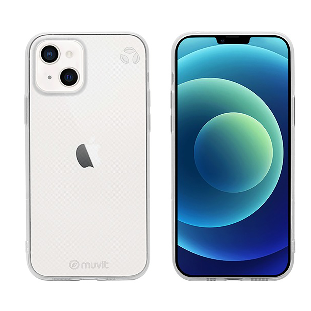 Due telefoni con custodia trasparente su sfondo bianco. Logo Apple visibile su entrambi.