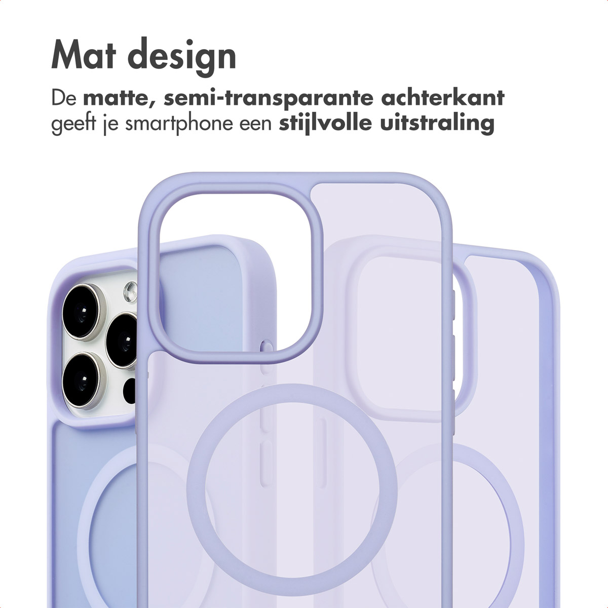 Coque de téléphone transparente avec une bordure violette. L'étui est sur un téléphone. Fond blanc.