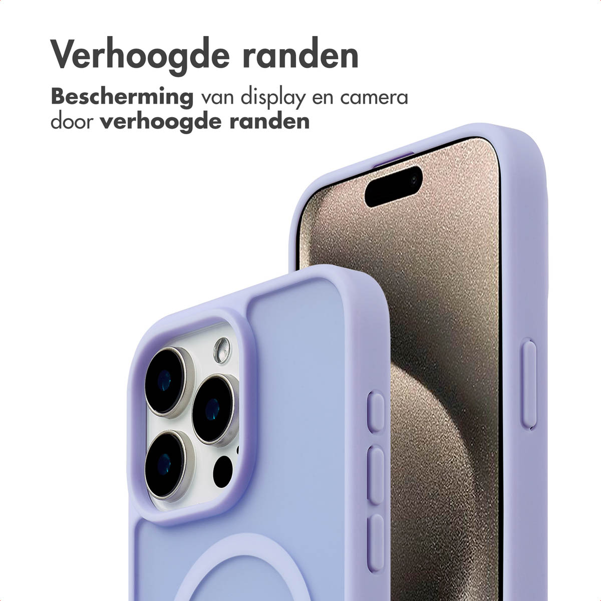 Coque avec bords surélevés. Texte: Protection écran et caméra avec bords surélevés.