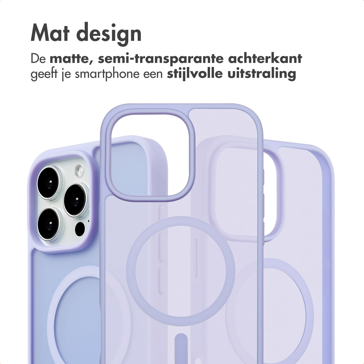 Drie telefoonhoesjes worden getoond, één op een telefoon. Lavendelkleur, doorzichtige achterkant.