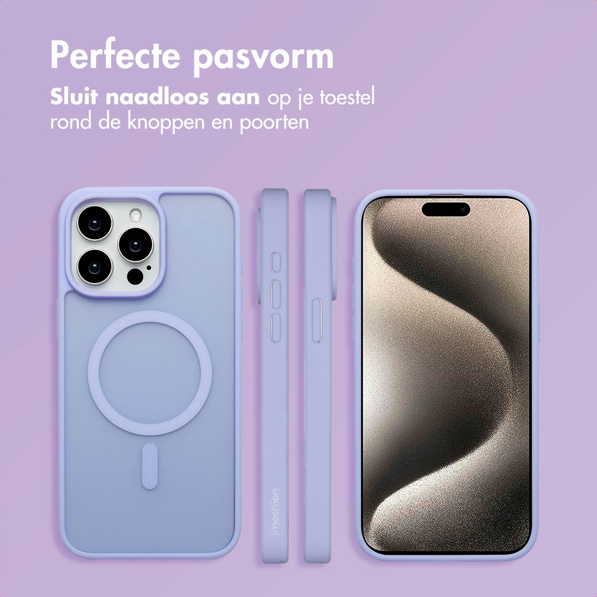 Coque de téléphone avec trois vues : avant, côté et vue de dessus. Toutes de couleur lilas clair, montrant le téléphone.