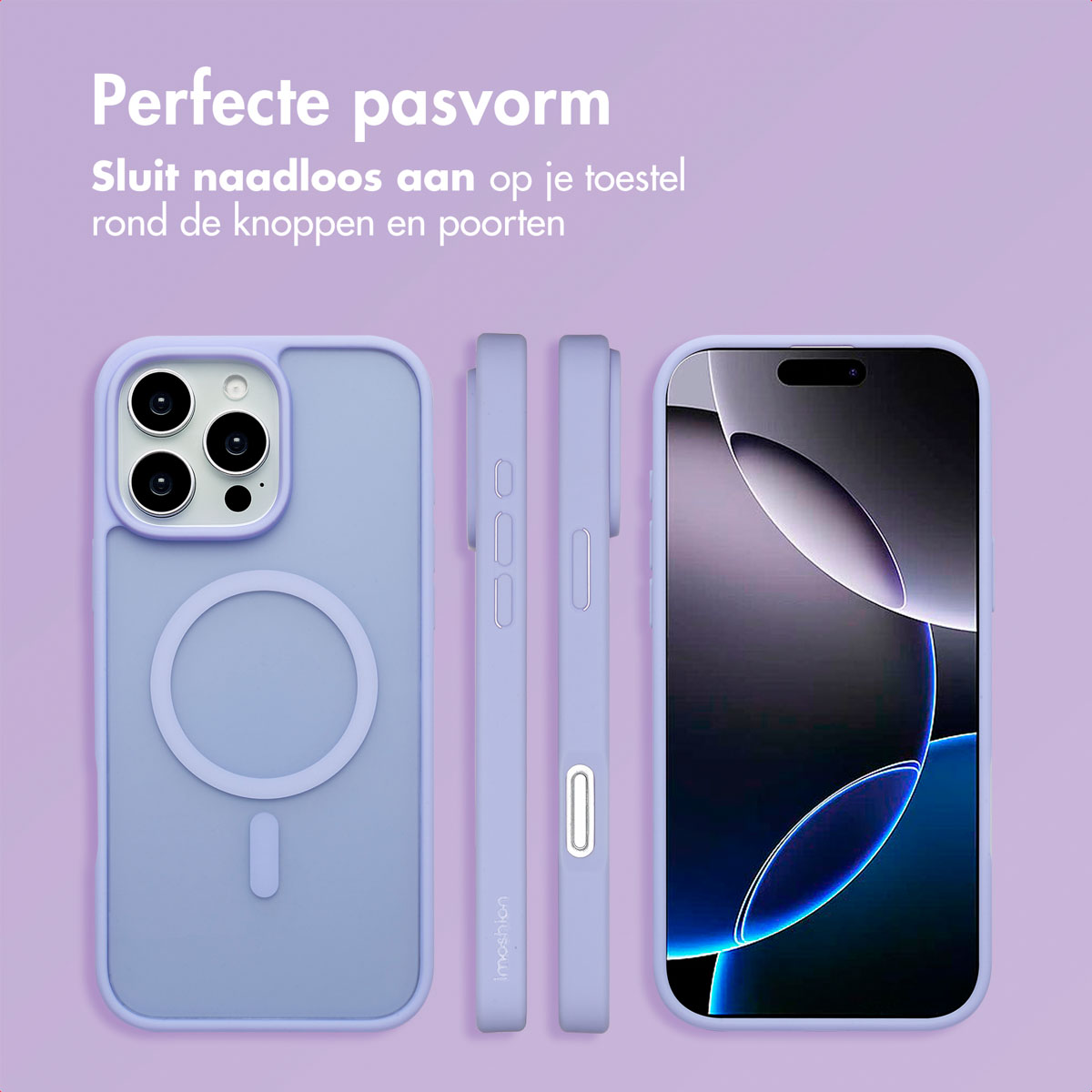 Vier aanzichten van een lichtpaars telefoonhoesje en een iPhone. De case heeft een cirkel en een knop.