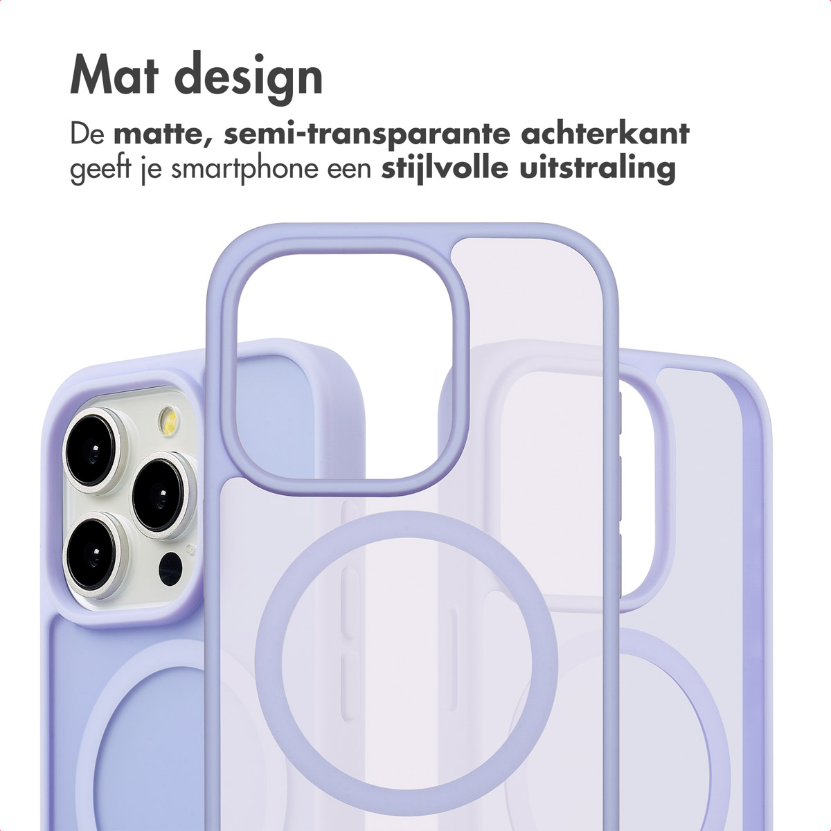 Coque de téléphone avec dos mat et semi-transparent. Cadre violet. La coque est sur une surface blanche.