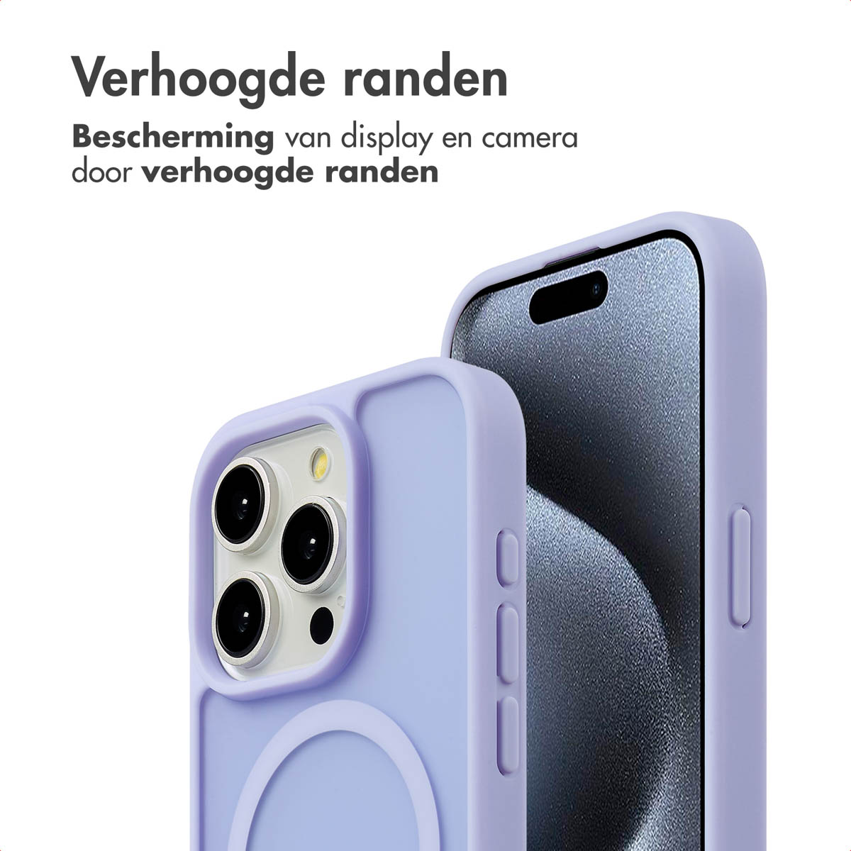Deux étuis de téléphone lavande, un avec un téléphone, montrant la protection des bords.