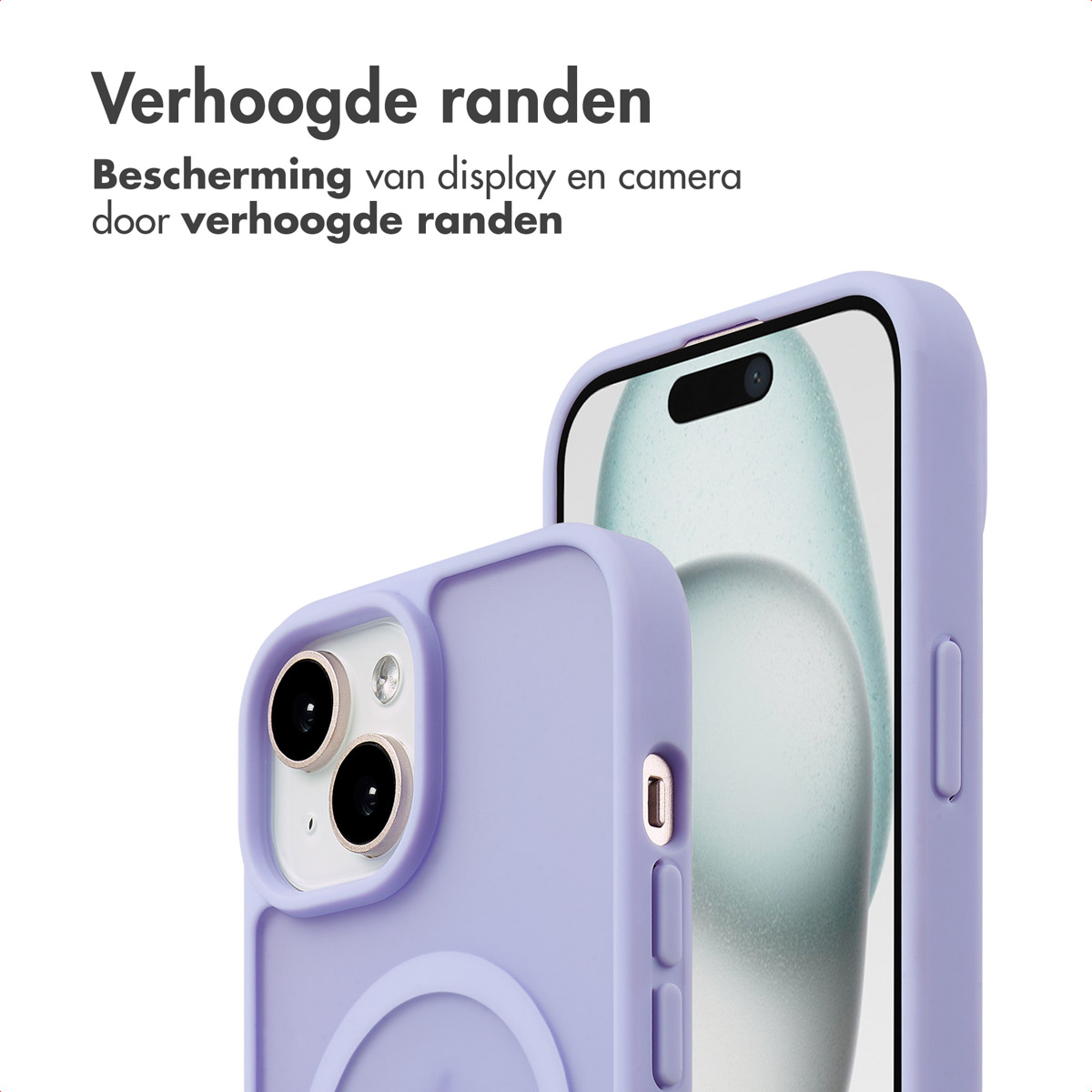 Two purple phone cases, showing a phone. Text emphasizes protection and raised edges.