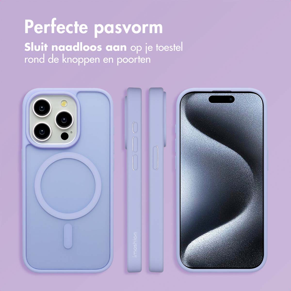 Plusieurs vues d'une coque de téléphone de couleur lilas. L'étui a une zone circulaire à l'arrière.