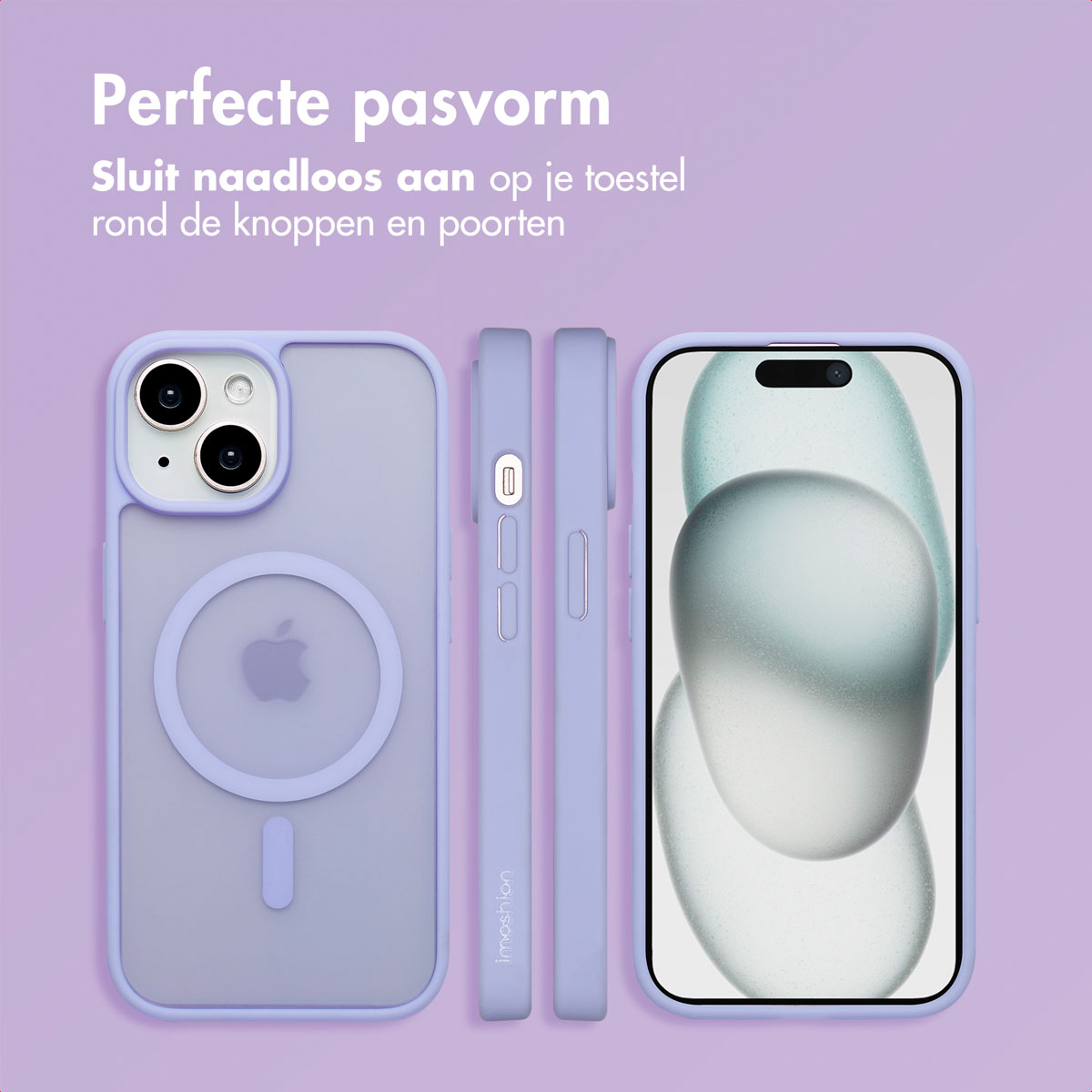 A phone case with a transparent back and purple edges. The phone is inside the case.