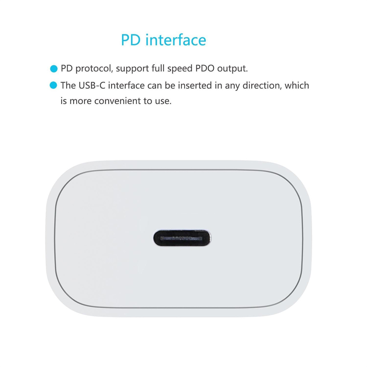 Weißes Ladegerät mit USB-C-Anschluss, mit Text 'PD-Schnittstelle' und zugehörigen Informationen.