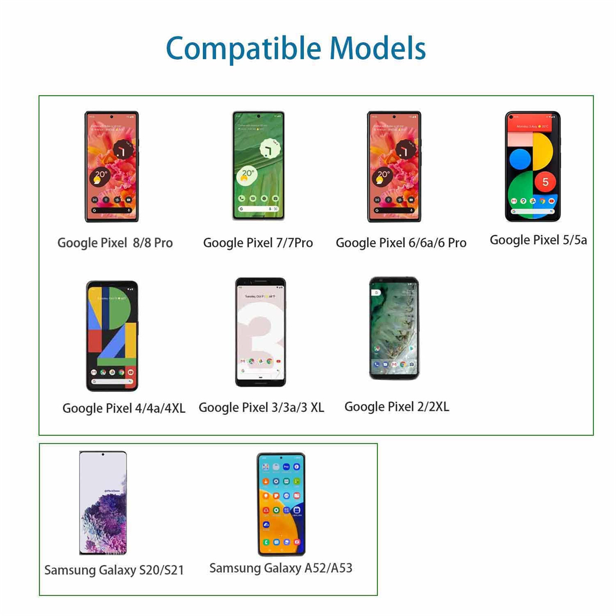 Kompatible Telefonmodelle: Google Pixel und Samsung Galaxy Telefone.
