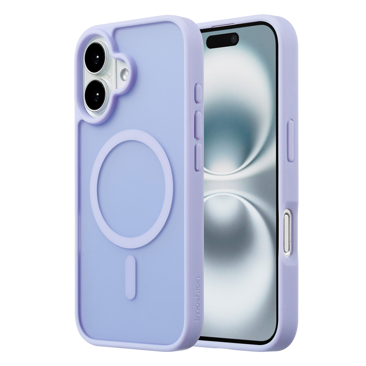 Paarse telefoonhoes met circulair magneetontwerp. Telefoon binnenin.