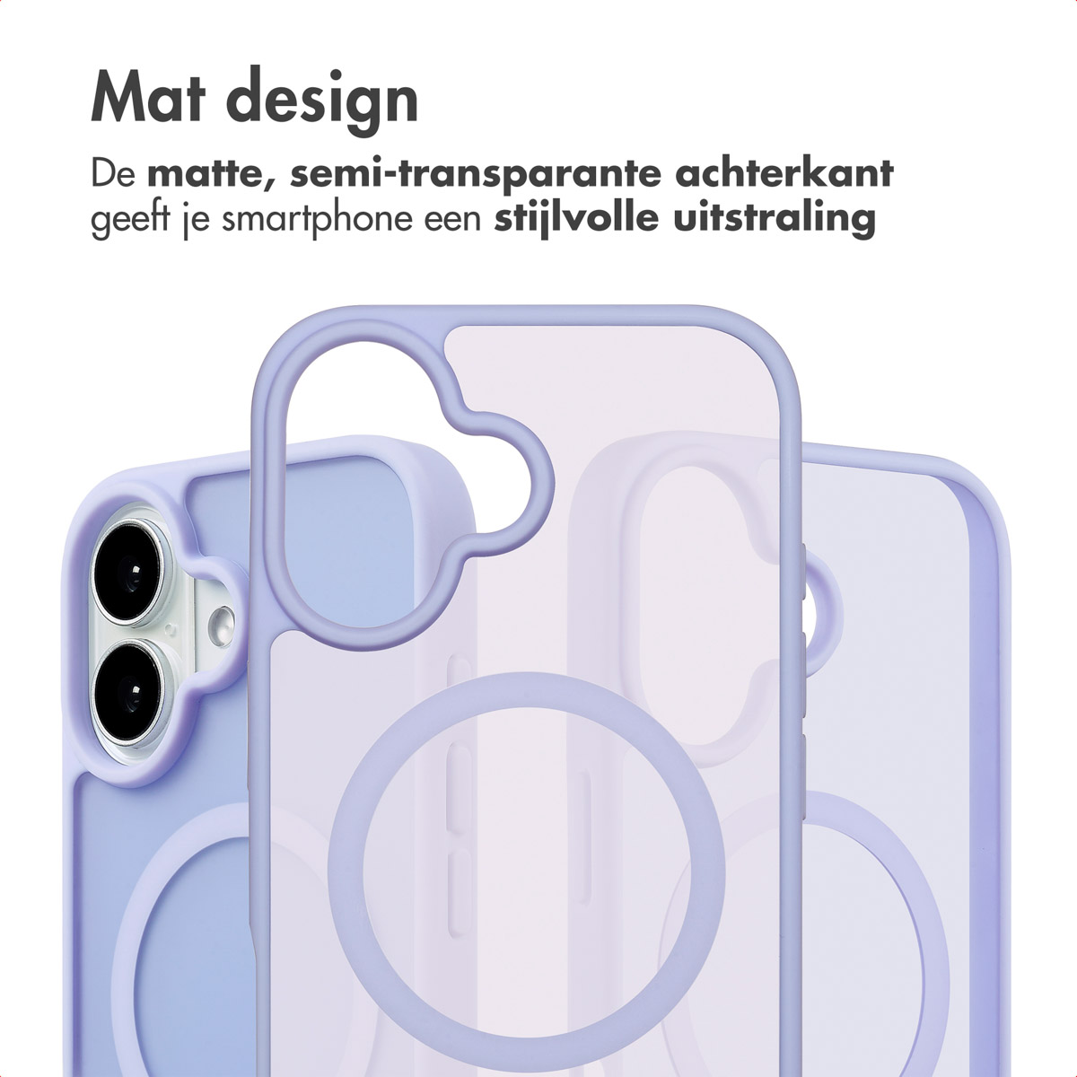 Transparante telefoonhoes met een lichtpaarse rand, getoond op een witte achtergrond.