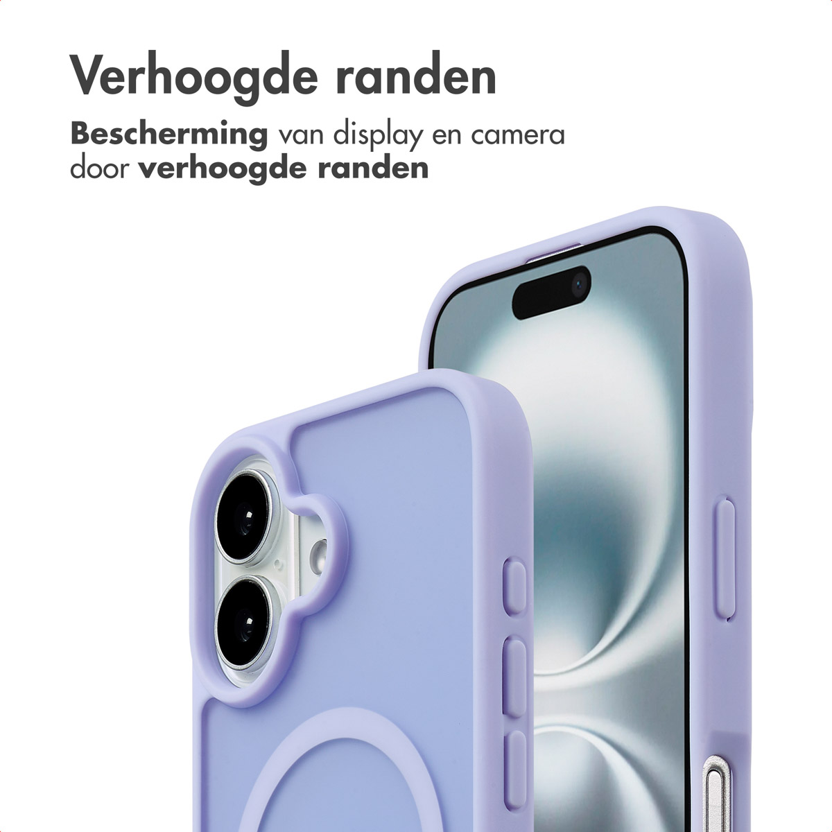 Twee paarse telefoonhoesjes, één open, één gesloten. Scherm en camera zijn zichtbaar op de open telefoon.