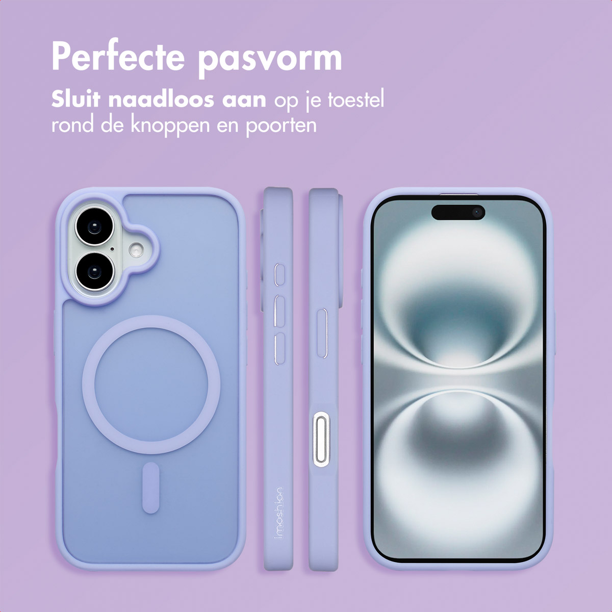Een lichtpaarse telefoonhoes met een magnetische cirkel en een telefoon erin.