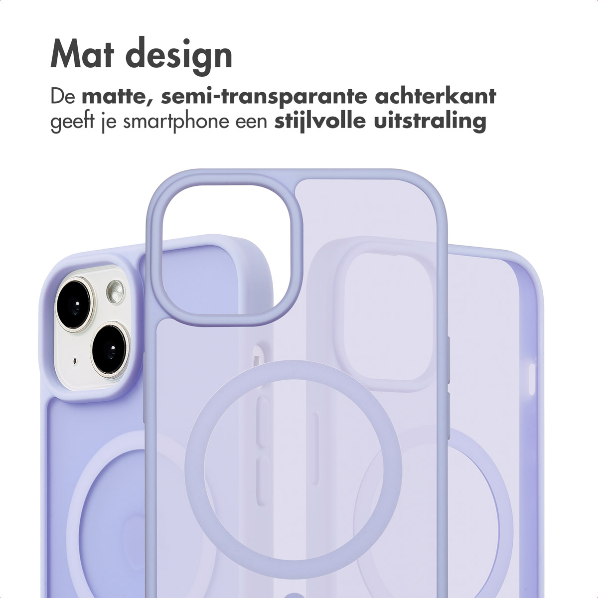 Paarse telefoonhoes met een magnetische cirkel. Een telefoon zit erin, met tekst: Mat design.