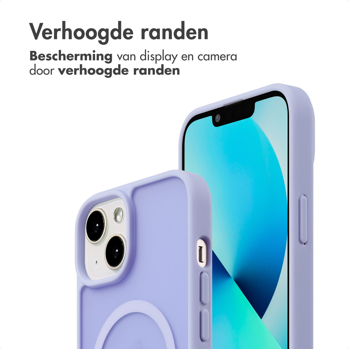 Een telefoonhoesje met een lavendelkleur. De telefoon is zichtbaar in de hoes en heeft een blauw scherm.