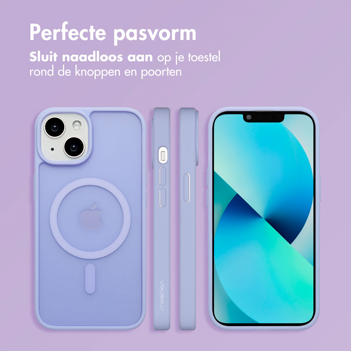 Een paarse iPhone-hoes met de telefoon erin. De hoes heeft een witte cirkel.