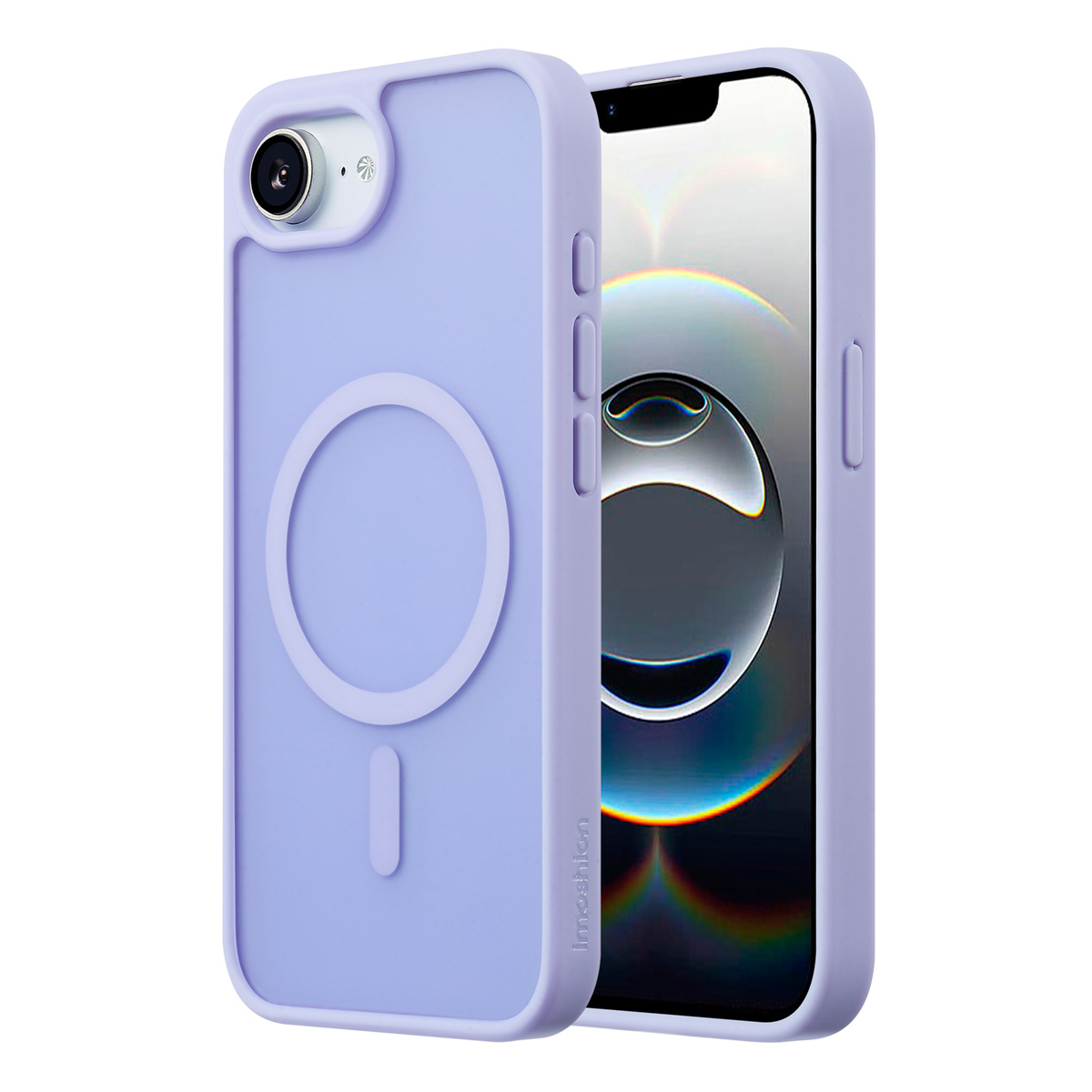 Purple phone case with camera cutout and circular design, white background.