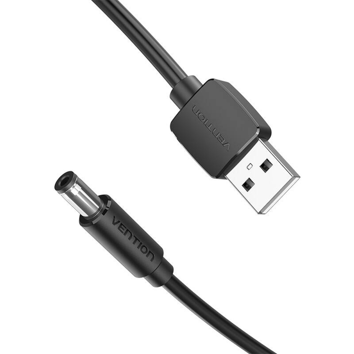 Cable de alimentación USB a CC negro, con la marca Vention en ambos conectores.