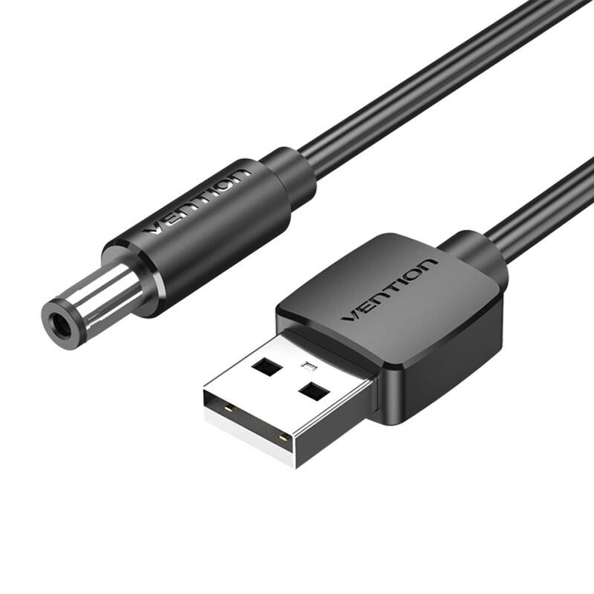 Un cable de alimentación USB a CC negro con la marca 'VENTION' en ambos conectores. Puertos USB y CC visibles.