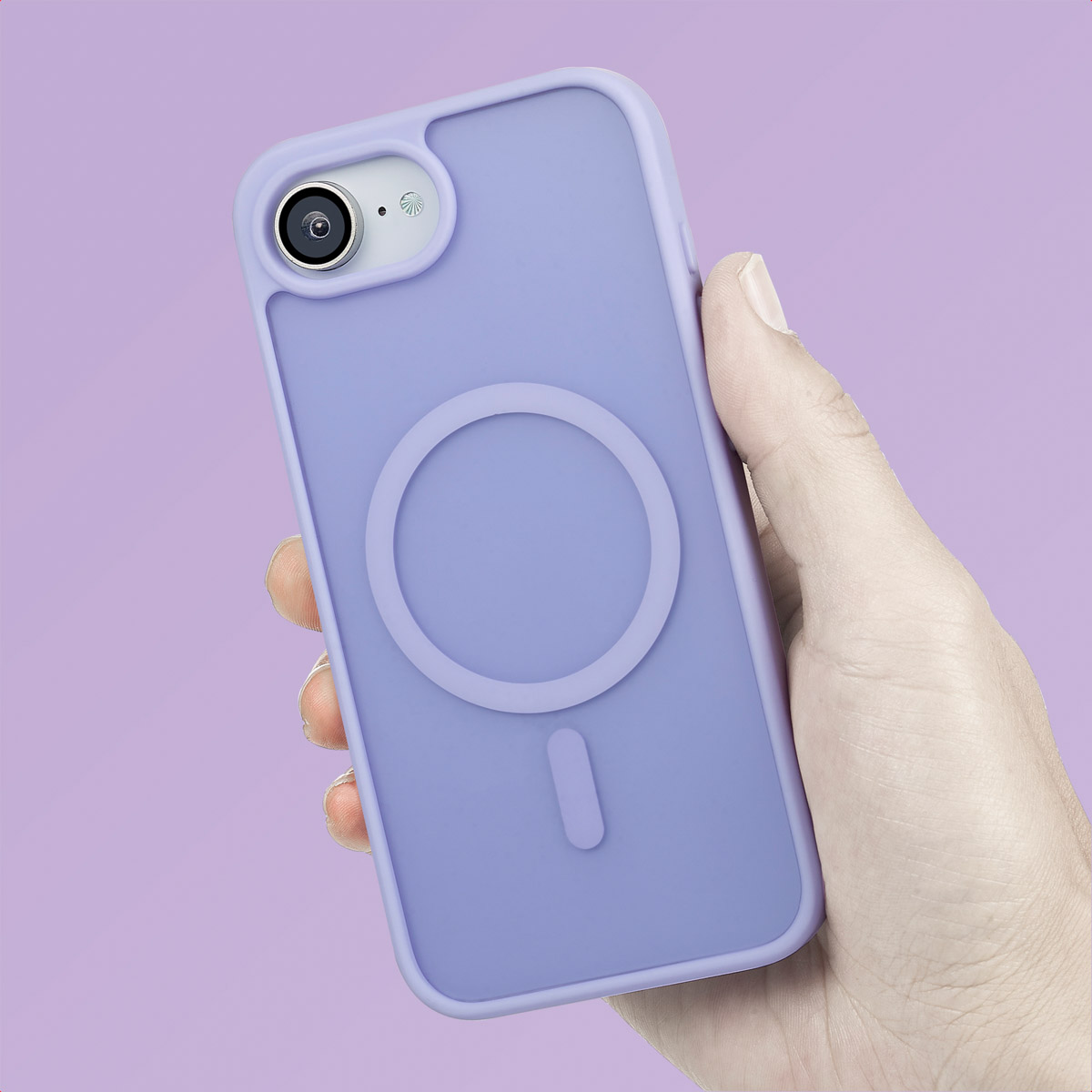 A hand holding a purple phone case with a circular design.