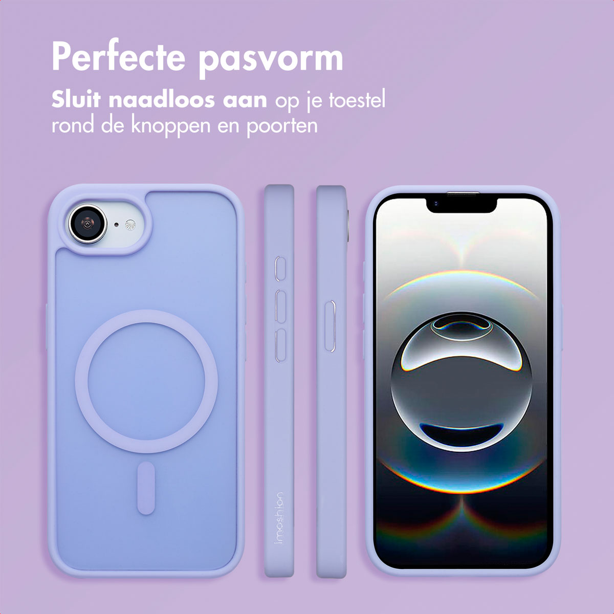 Lilac phone case with a magnetic ring and button cutouts.  The phone is inside. Text: Perfect fit.