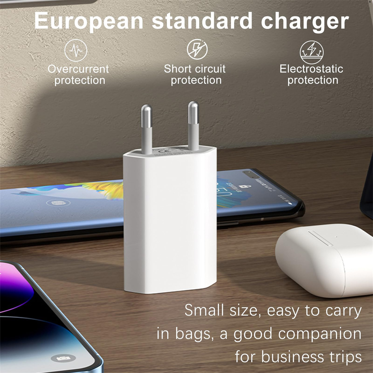 Ein weißes europäisches Standardladegerät mit mehreren Symbolen und Text, mit Smartphone und Ohrhörern.