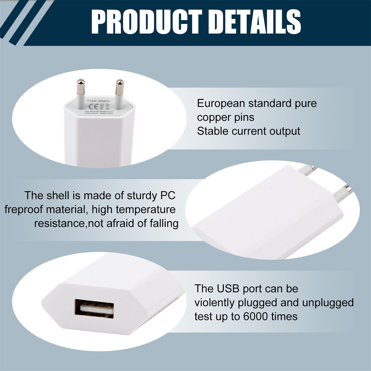 Weißes Netzteil mit EU-Stecker. Details: Kupferstifte, stabile Stromausgabe, robustes PC-Gehäuse, USB-Anschluss.