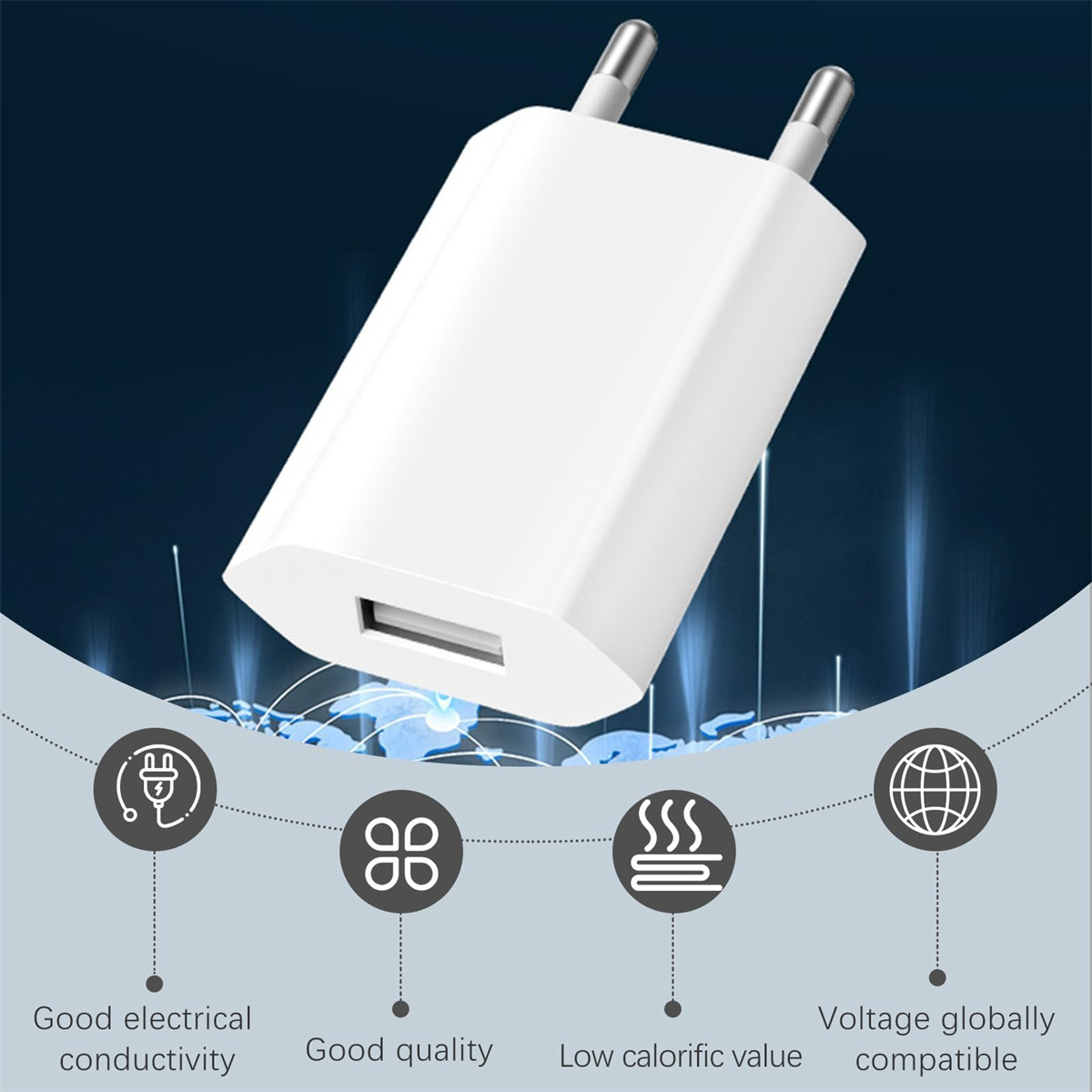 Ein weißes Telefonladegerät mit einem USB-Anschluss und vier Symbolen. Der Hintergrund ist blau.