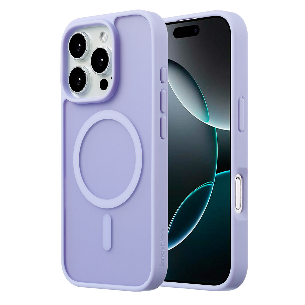 Een lichtpaarse telefoonhoes en een telefoon. De hoes heeft een cirkelvormige magnetische bevestiging.