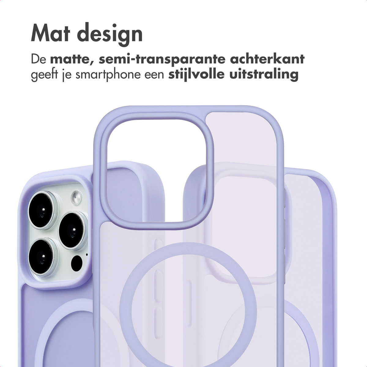 Transparante telefoonhoes op een witte achtergrond. De hoes is lavendel met een transparante achterkant.