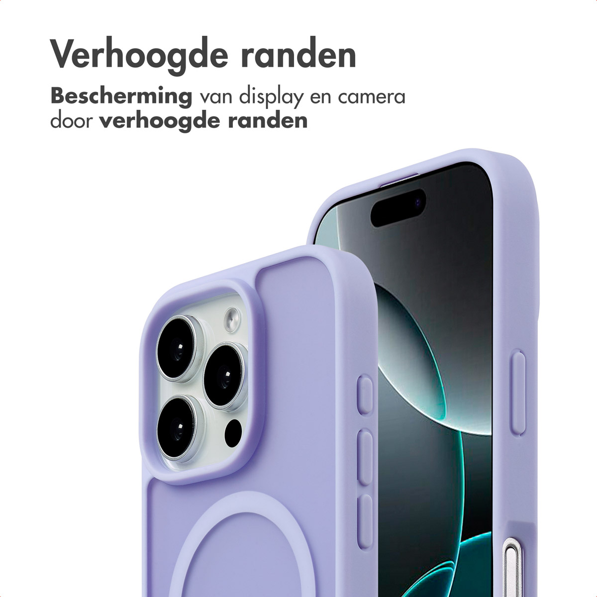 Close-up op telefoonhoesjes, die laten zien hoe de hoes de camera en het scherm van de telefoon bedekt en bescherming biedt.