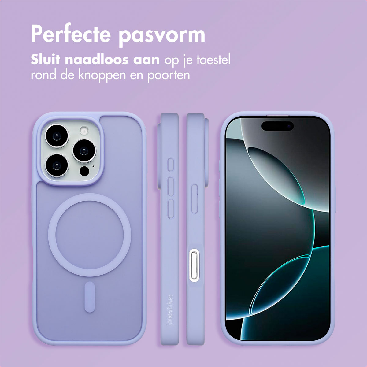 Paarse telefoonhoes met een telefoon en zijn drie zijden.